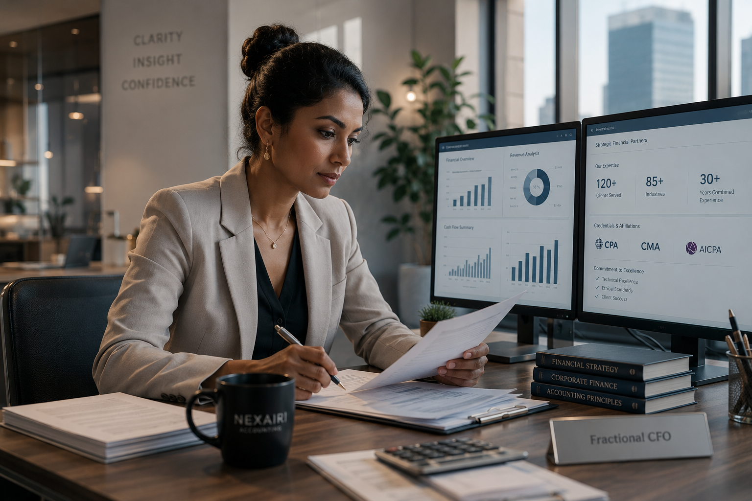 Finance professional scrutinizing credentials and AI tool outputs, verification theme